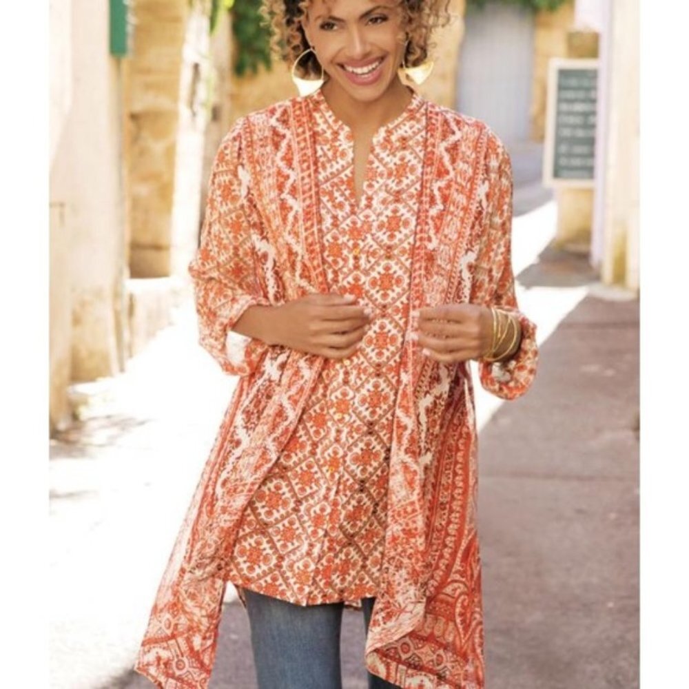 Soft Surroundings Paysan Medallion Boho Print Tunic Top Orange Medium‎